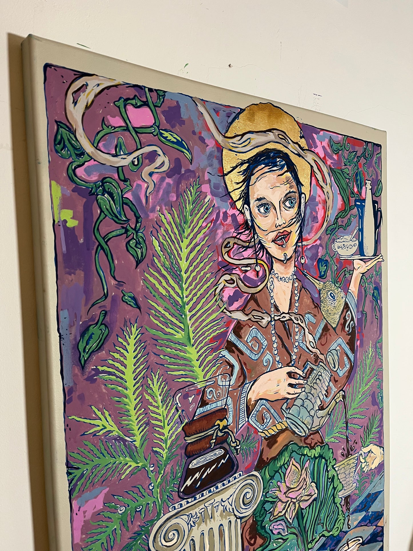 Maria od Kawy 2023 | Akryl i złote płatki na płótnie | 100 × 70 cm