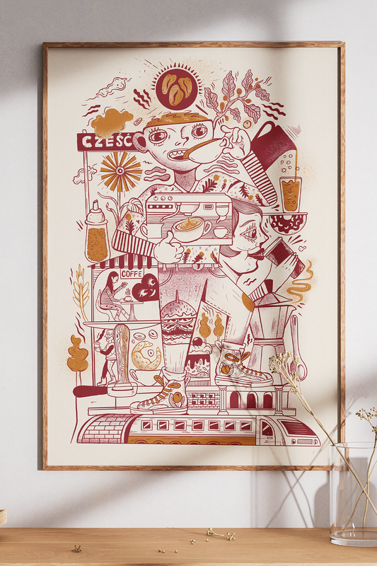 "Cześć Kawka" — plakat artystyczny kawa, ilustracja bajkowy świat kawiarni, WhyDuck