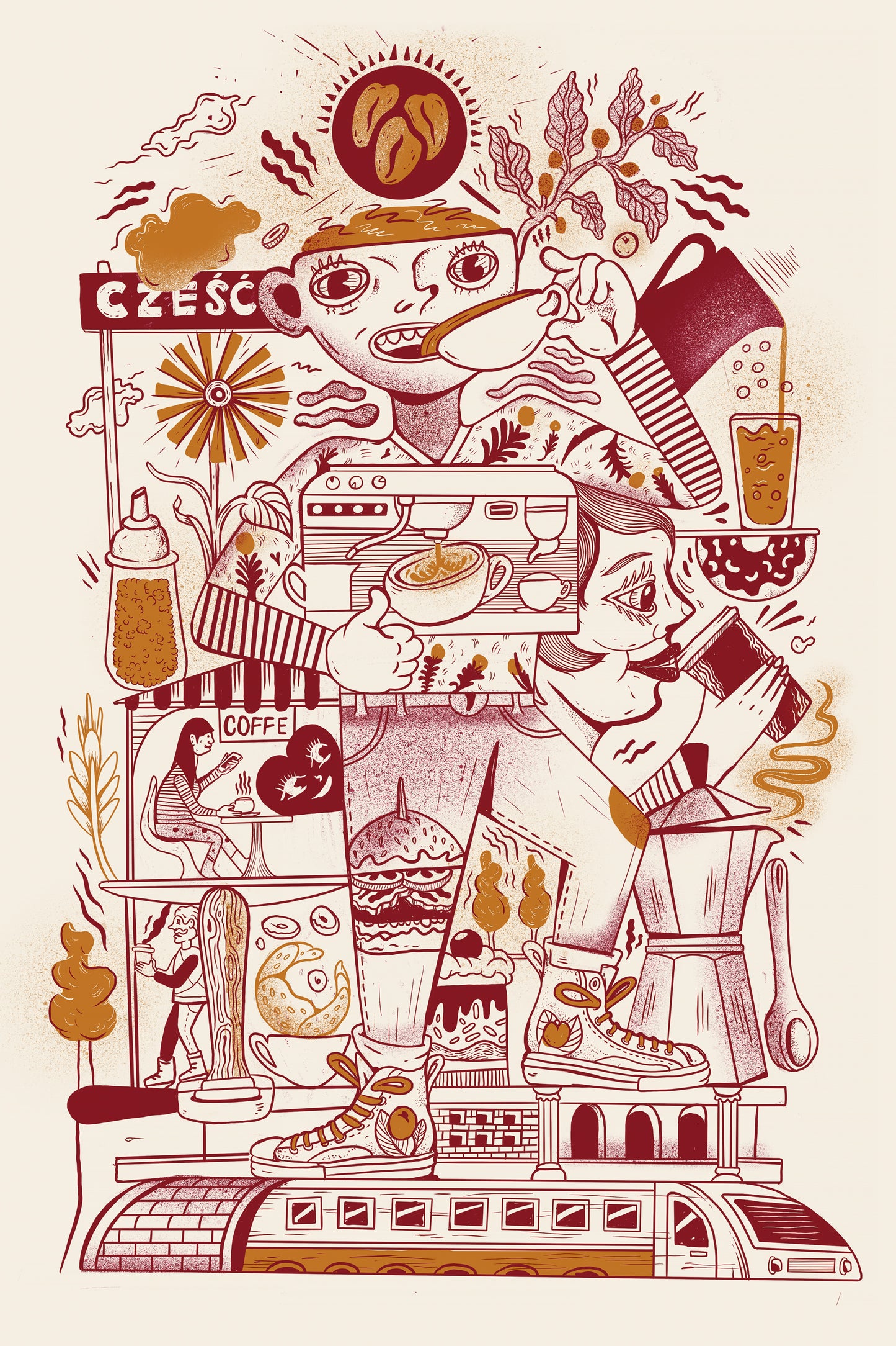 "Cześć Kawka" — plakat artystyczny kawa, ilustracja bajkowy świat kawiarni, WhyDuck