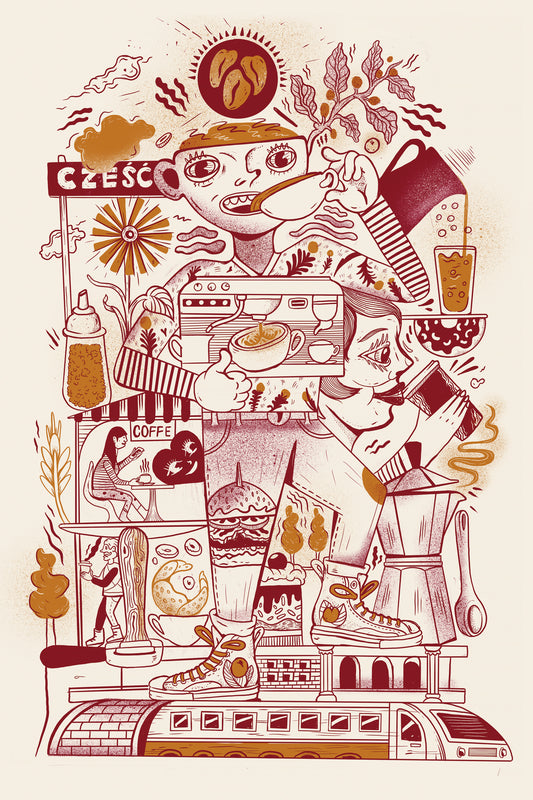 "Cześć Kawka" — plakat artystyczny kawa, ilustracja bajkowy świat kawiarni, WhyDuck