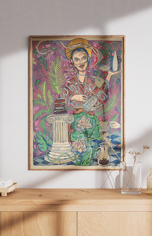 Maria od Kawy 2023 | Akryl i złote płatki na płótnie | 100 × 70 cm